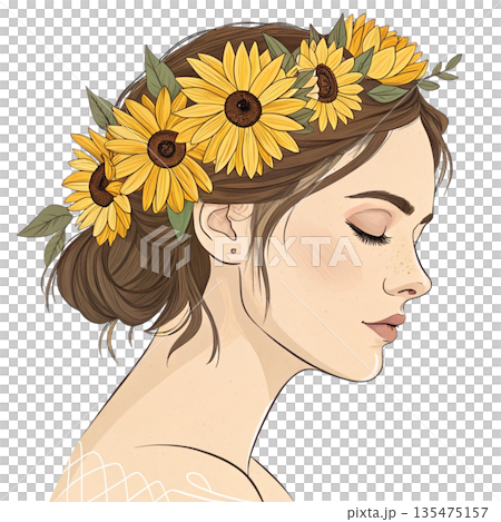 Premium commercial illustration of a calm woman portrait sunflower flowers 135475157