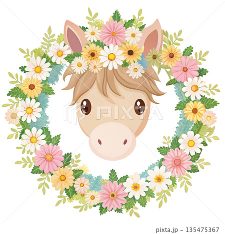 Symmetrical floral wreath circle made of pastel roses and leaves horse head facing forward emerging from the center 135475367