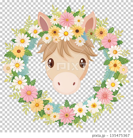Symmetrical floral wreath circle made of pastel roses and leaves horse head facing forward emerging from the center 135475367