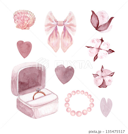 Open box with diamond engagement ring, cotton flowers, hearts, pearl bracelet watercolor set isolated on white background, perfect for wedding design, invitations, branding, packaging, romantic decor Open box with diamond engagement ring, cotton flowers, hearts, pearl bracelet watercolor set isolated on white background, perfect for wedding design, invitations, branding, packaging, romantic decor 135475517