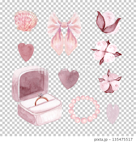 Open box with diamond engagement ring, cotton flowers, hearts, pearl bracelet watercolor set isolated on white background, perfect for wedding design, invitations, branding, packaging, romantic decor 135475517