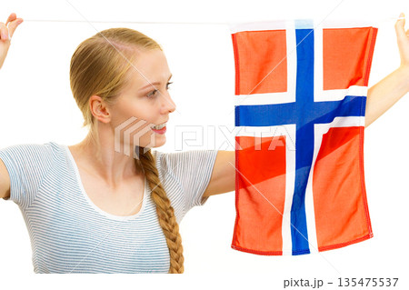 Young female with norwegian flag Young female with norwegian flag 135475537