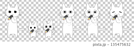 Set of illustrations of a white cat family and friends biting into a ehomaki (sushi roll) 135475632