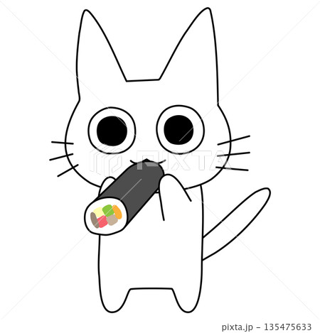 恵方巻を真剣に食べる白猫のイラスト 節分素材 135475633