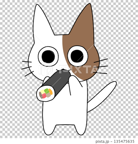 Cute brown and white cat character illustration biting into a Setsubun ehomaki Cute brown and white cat character illustration biting into a Setsubun ehomaki 135475635