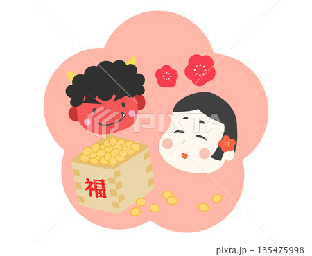 節分豆と鬼さんとお多福のイラスト背景　2 135475998
