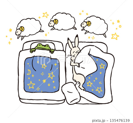 2027年 年賀状 鳥獣戯画 うさぎとカエルが羊を数えながら眠る 