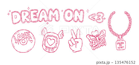 Y2K tamagotchi and unlock my heart necklace hand drawn vector line art set for aesthetic jewelry and sticker design DREAM ON Y2K tamagotchi and unlock my heart necklace hand drawn vector line art set for aesthetic jewelry and sticker design DREAM ON 135476152