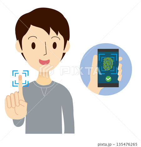 人差し指で指紋認証をする男性　スマートフォン承認イメージ 135476265