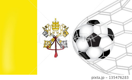 Vatican City Soccer Background: National Flag with Soccer Ball Hitting Goal Net, Holy See International Sports Graphic for Football and Fan Branding 135476283