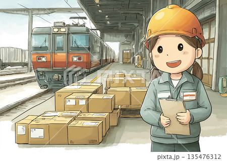 働く女性シリーズ：貨物列車で荷物を運ぶ女性スタッフ｜子供向け仕事体験イラスト 135476312