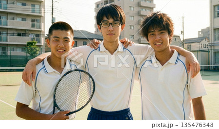 テニスラケットを手に笑顔を見せる仲の良い男子学生3人組 135476348