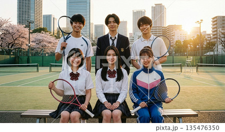 夕暮れのテニスコートでラケットを持つテニスサークルの男女集合写真 135476350