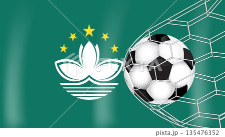 Macau Soccer Background: Waving National Flag with Soccer Ball Hitting Goal Net, Macanese Football Team Sports Graphic for Tournaments and Fan Events 135476352