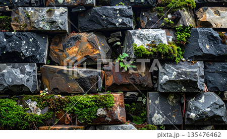 Natural Stone Wall Texture with Green Moss 135476462