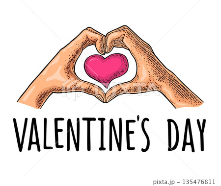 Fingers show heart. Valentines Day lettering. Vector engraving Fingers show heart. Valentines Day lettering. Vector engraving 135476811
