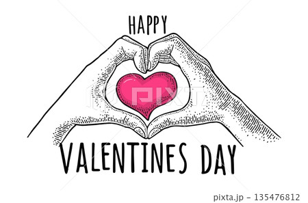 Fingers show heart. Valentines Day lettering. Vector engraving Fingers show heart. Valentines Day lettering. Vector engraving 135476812