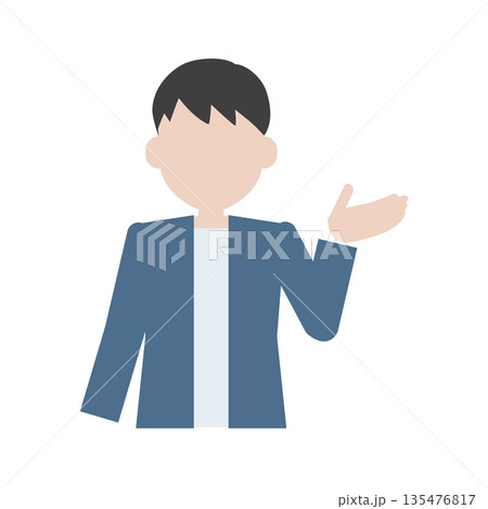 正面で説明する男性 手のひらを上に向けた案内ポーズの人物イラスト 正面で説明する男性 手のひらを上に向けた案内ポーズの人物イラスト 135476817