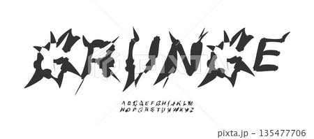Rough Grunge Font Logo Alphabet Uneven Letter Set Horror Typography, Sharp Psycho Typographic Design for Punk Music Title Text, Typo Poster Headline, Hand Written Crooked Fonts. Vector Typeface 135477706