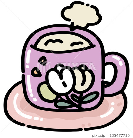 Cute Purple Floral Mug with Steam illustration Cute Purple Floral Mug with Steam illustration 135477730