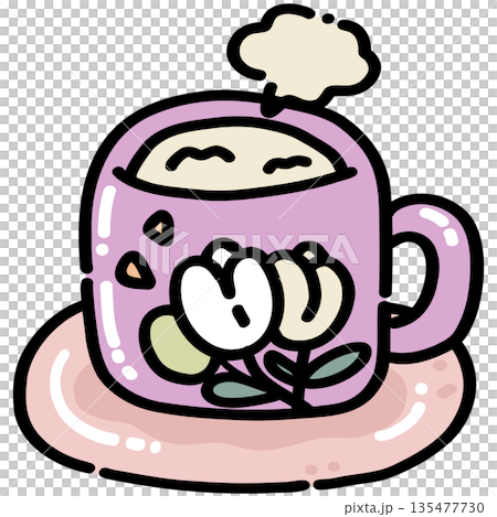 Cute Purple Floral Mug with Steam illustration Cute Purple Floral Mug with Steam illustration 135477730