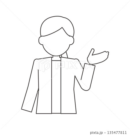 正面で説明する女性の線画イラスト　手のひらを上に向けた案内ポーズ 135477811