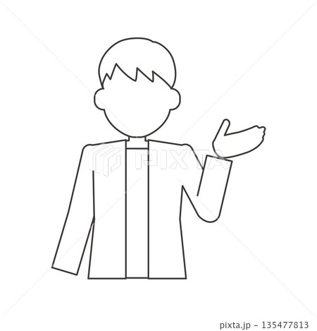 正面で説明する男性の線画イラスト　手のひらを上に向けた案内ポーズ 135477813