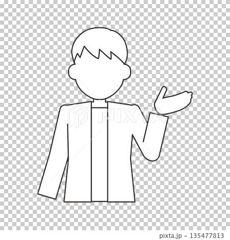 正面で説明する男性の線画イラスト　手のひらを上に向けた案内ポーズ 135477813