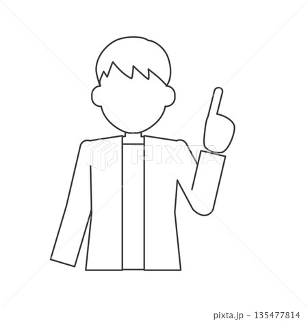 正面で指差しする男性の線画イラスト　説明向け人物素材 135477814