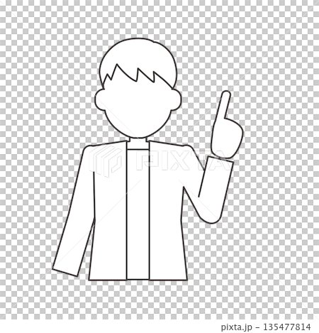 正面で指差しする男性の線画イラスト　説明向け人物素材 135477814