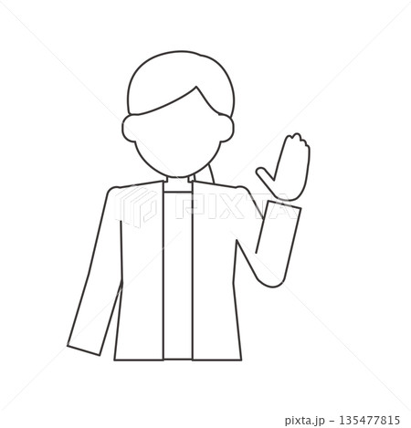 正面で手を上げる女性の線画イラスト　発言を表す人物素材 135477815
