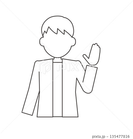 正面で手を上げる男性の線画イラスト　発言用の人物素材 135477816