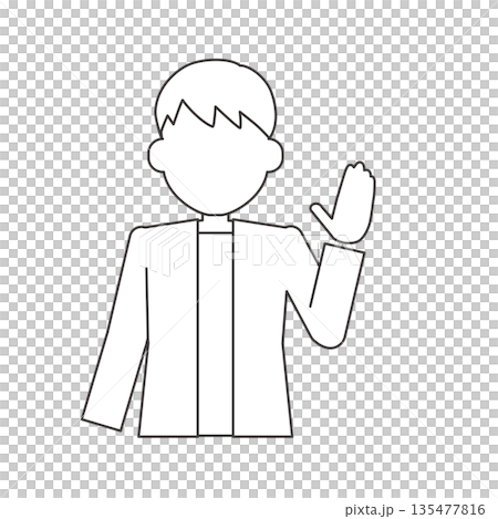 正面で手を上げる男性の線画イラスト　発言用の人物素材 135477816