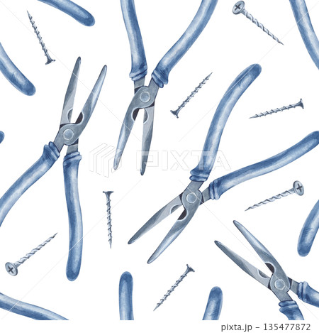 Watercolor seamless pattern with men's tools. Iron pliers and self-tapping screws on an isolated background. A realistic template for the design of a home renovation and construction service. 135477872
