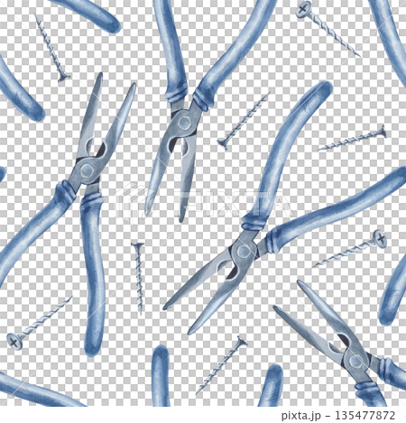 Watercolor seamless pattern with men's tools. Iron pliers and self-tapping screws on an isolated background. A realistic template for the design of a home renovation and construction service. Watercolor seamless pattern with men's tools. Iron pliers and self-tapping screws on an isolated background. A realistic template for the design of a home renovation and construction service. 135477872