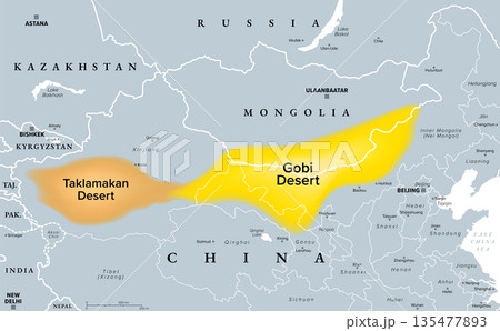 Gobi Desert and Taklamakan Desert, gray political map. Gobi, a large, cold desert and grassland region in southern Mongolia and North China, and Taklamakan in Xinjiang, northwest China. Vector 135477893