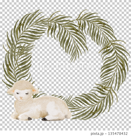 Palm leaf wreath with resting lamb watercolor isolated on white, olive green palette, gentle hand-painted style, circular botanical frame with copy space, ideal for Easter, Palm Sunday, faith designs 135478432