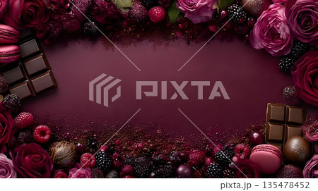 バレンタイン向け チョコレートと花の高級フレーム背景 135478452