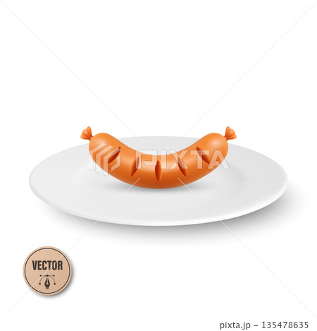 Vector 3d Sausage on Plate Icon, Isolated. Sausage Dinner Food Symbol. Sausage Snack Meal Illustration. Cooked Frankfurter on White Dish. Minimal Cartoon Restaurant Menu Design Element 135478635