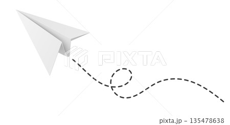 White Paper Airplane Icon, Vector Illustration. Flying Paper Plane with Dotted Line Trail. Email, Message Symbol. 3d White Paper Airplane, Isolated 135478638