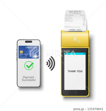 Vector 3d Realistic Yellow NFC Payment Terminal with Smartphone Closeup. Approved Payment and Successful Transaction. Contactless Payment Machine Template, Bank Card Transaction POS Terminal 135478641