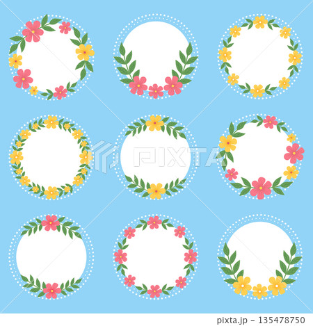 Spring floral wreath frames set with pink and yellow flowers on pastel blue background. Spring floral wreath frames set with pink and yellow flowers on pastel blue background. 135478750