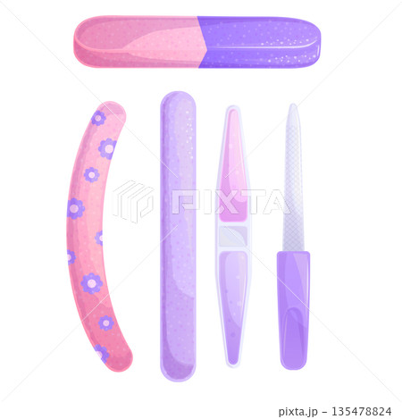 A collection of colorful nail files. Icon on a white background. The concept of beauty and nail design. Isolated vector illustration for print design, banner, postcard, brochure, flyer 135478824