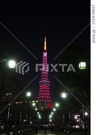 ピンク色にライトアップされた東京タワーと街灯 1月港区2425 ピンク色にライトアップされた東京タワーと街灯 1月港区2425 135478937
