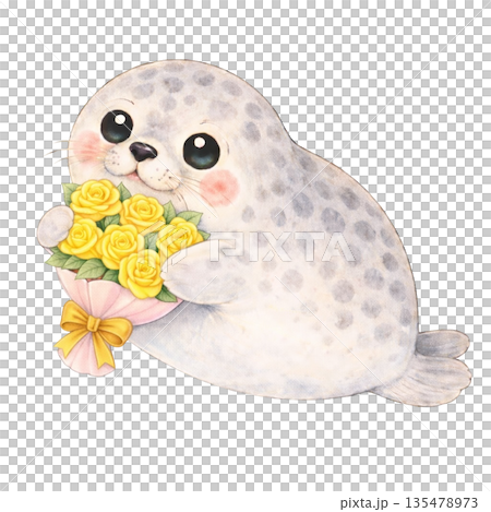 【父親節】色鉛筆插畫，一隻斑點海豹叼著一朵玫瑰 135478973