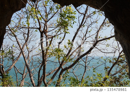 View from the cave to the sea.View from a stone cave of blue sky, turquoise sea and garden. 135478981