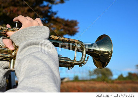 秋の空を背景にしたトランペット演奏風景 135479315