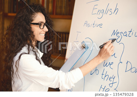Education And Knowledge Concept. Closeup of smiling curly woman in eyeglasses writing on whiteboard with marker, teaching English language grammar rules to her students, holding clipboard Education And Knowledge Concept. Closeup of smiling curly woman in eyeglasses writing on whiteboard with marker, teaching English language grammar rules to her students, holding clipboard 135479328