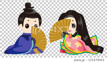 平安時代風格的男女插圖 | 日式裝飾材料,配有扇子 平安時代風格的男女插圖 | 日式裝飾材料,配有扇子 135479443