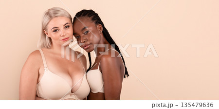 Beauty Diversity. Portrait Of Two Young Beautiful Ladies Posing In Underwear, Attractive Black Female And Plus Size Woman Wearing Lingerie Standing Over Beige Studio Background, Copy Space Beauty Diversity. Portrait Of Two Young Beautiful Ladies Posing In Underwear, Attractive Black Female And Plus Size Woman Wearing Lingerie Standing Over Beige Studio Background, Copy Space 135479636